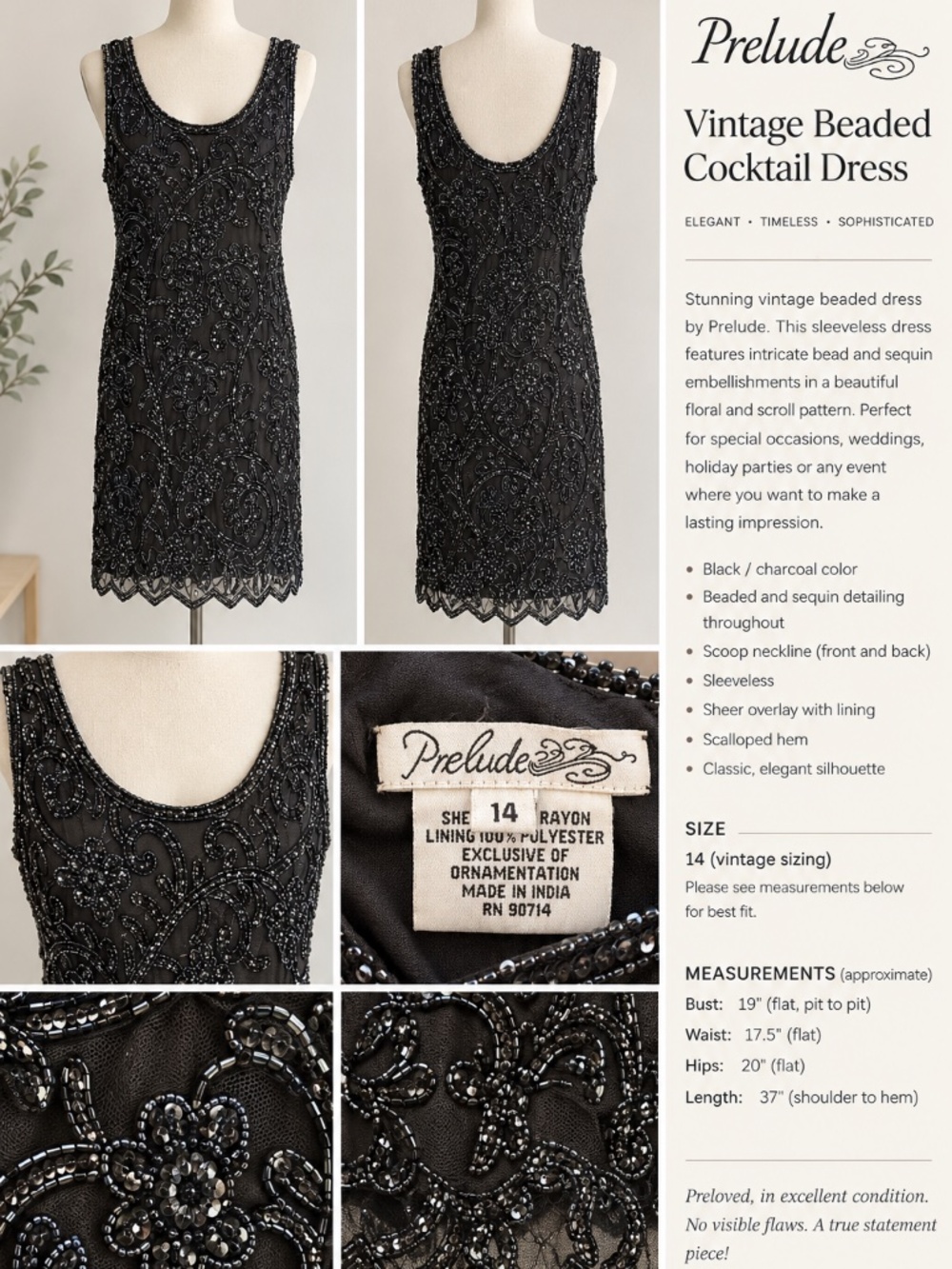 Prelude Vintage Black Beaded Cocktail Dress Size 14 Gatsby 1920s Style